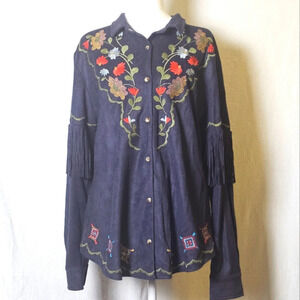 Tasha Polizzi Suede Shirt XL,Blue Floral Embroidered Pearl Snap Buttons,Fringe